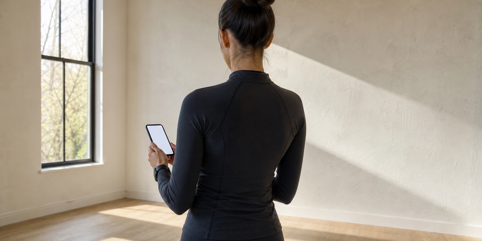 A person seen from behind holds a blank glowing phone in a bright minimal room.