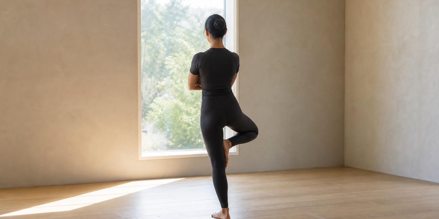 A barefoot person stands on one leg with crossed arms facing a tall window in a bright room.
