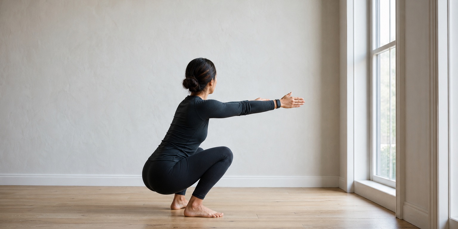 A barefoot person holds a full-depth squat beside a tall bright window.