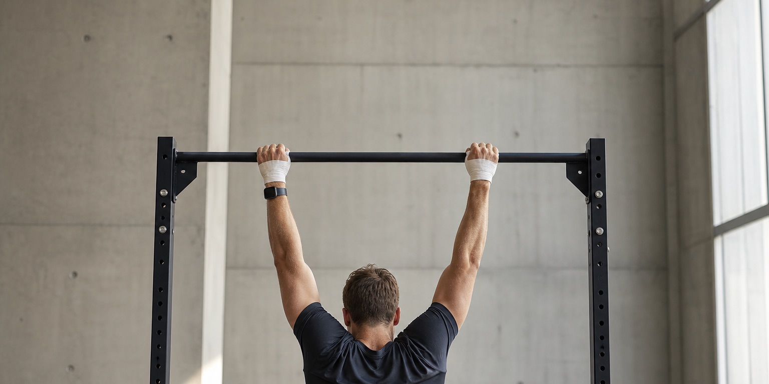 A person seen from behind hangs from a matte steel bar in a bright concrete gym.