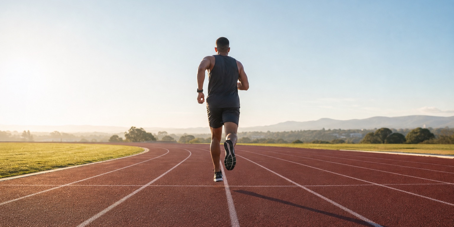 A runner moves through lane two of an empty track in morning light.