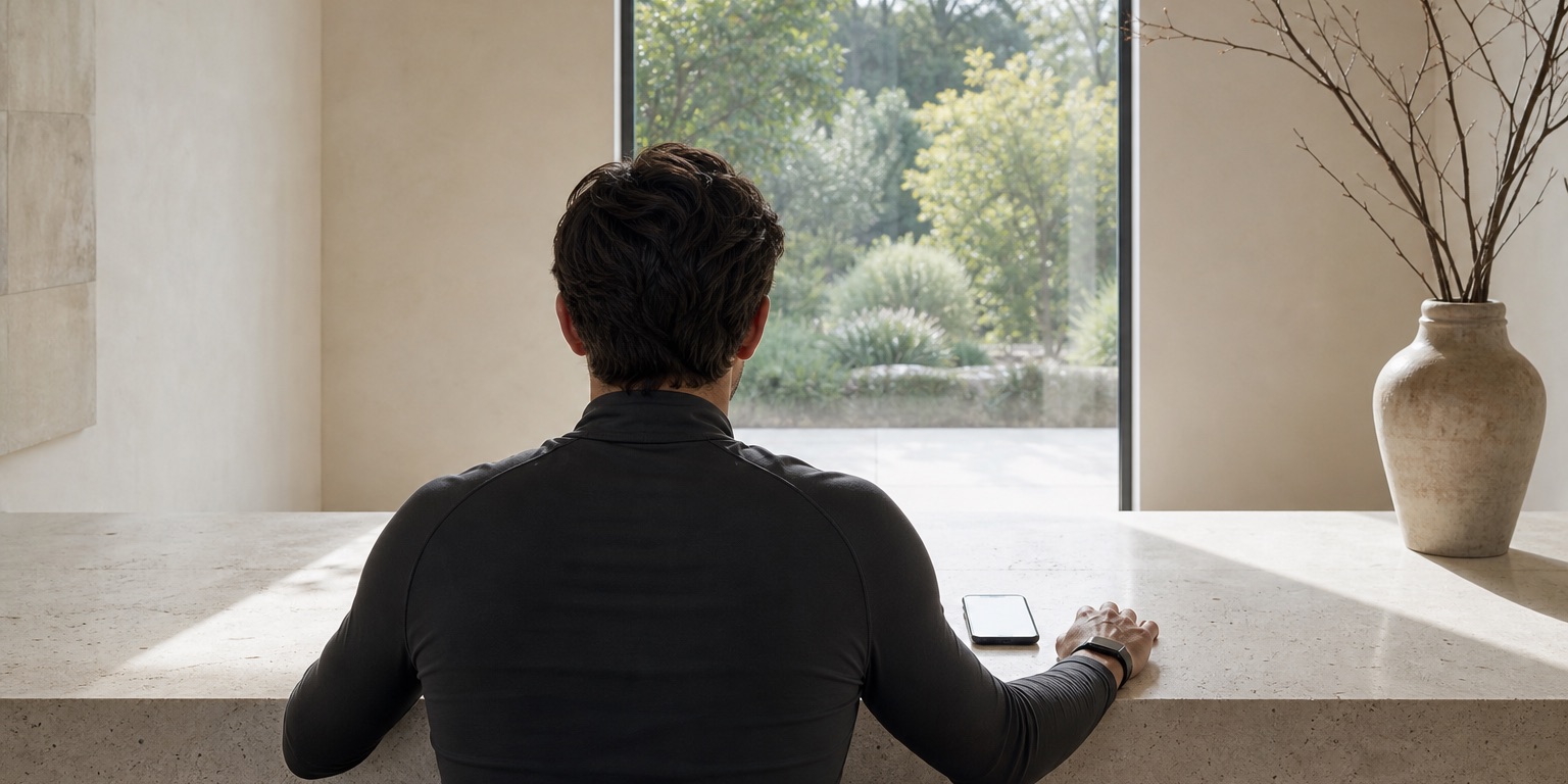 A person sits behind a stone counter with a blank glowing phone by a bright window.