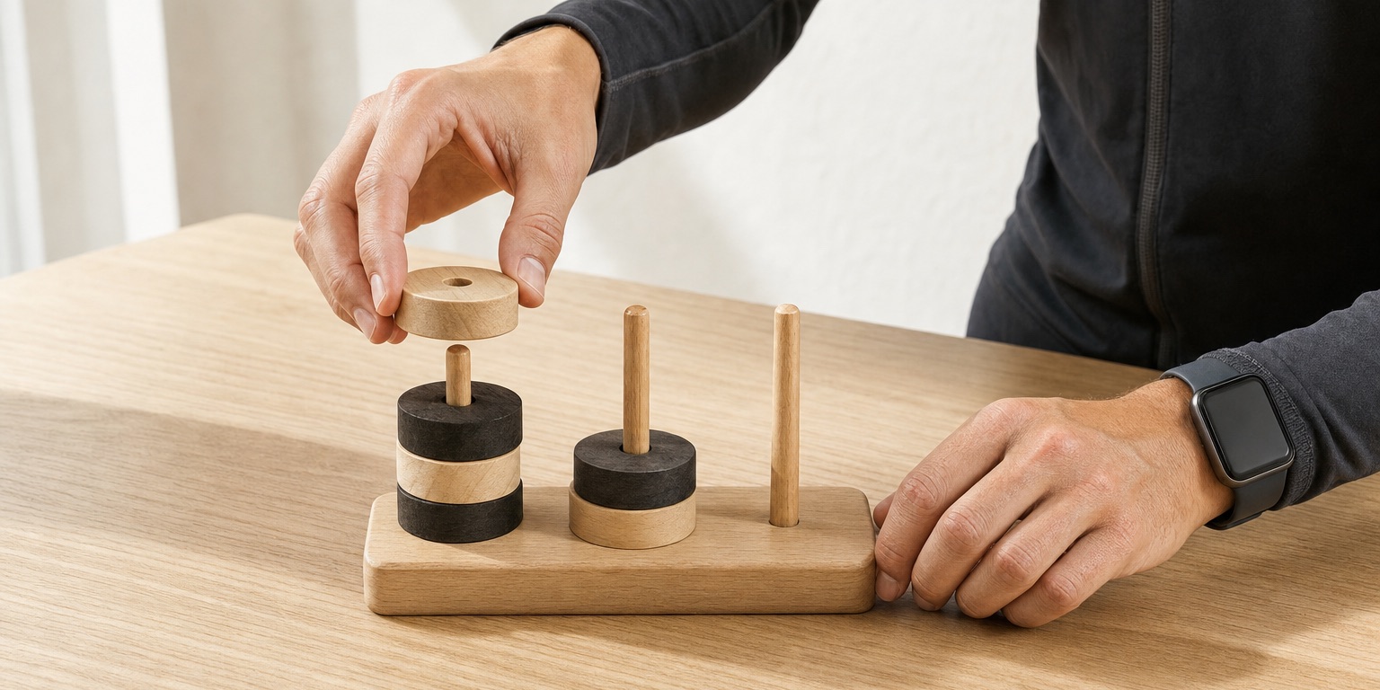 Hands move a wooden disk across a minimal tower puzzle on pale oak.