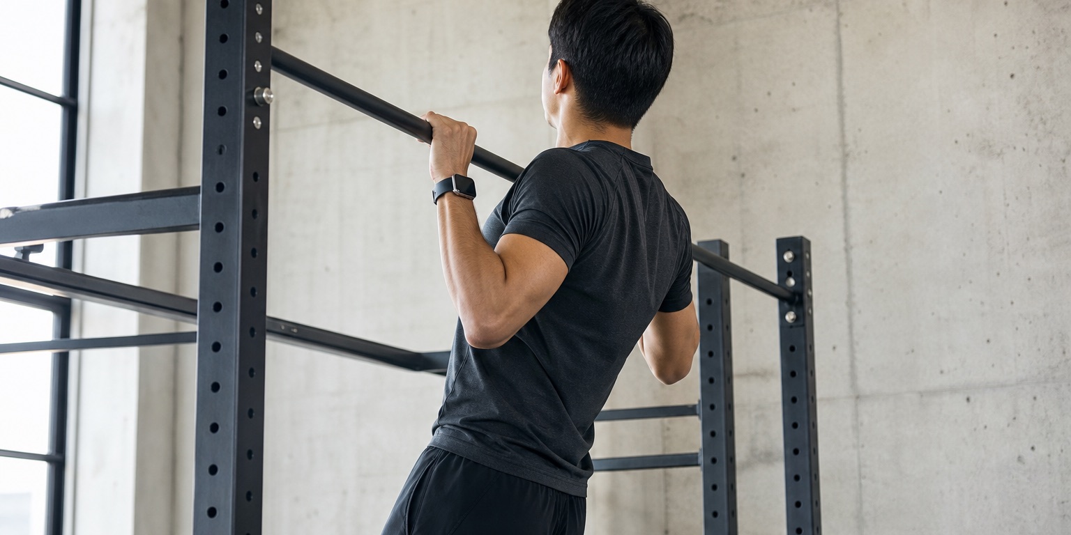 An athlete performs a strict pull-up in a bright concrete gym.