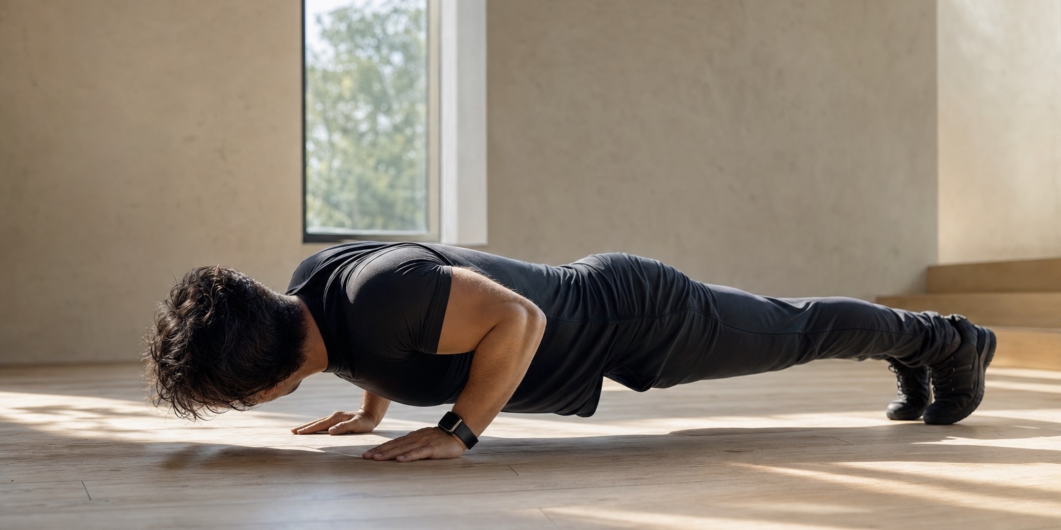 A man holds the bottom of a strict push-up on a sunlit pale oak floor.