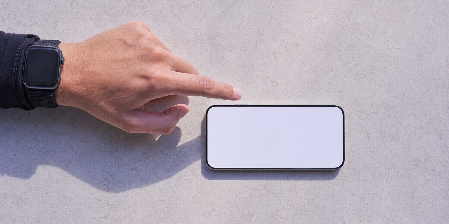 A smartwatch-wearing hand hovers above a blank smartphone screen on a pale stone desk.