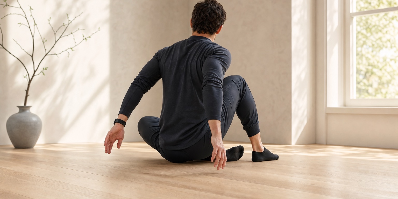 A person rises from a cross-legged seat without using their hands.