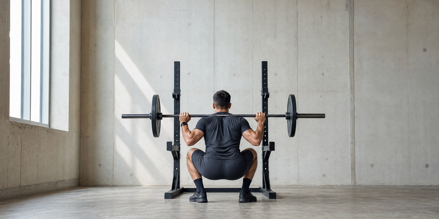 An athlete holds a loaded back squat near parallel in a bright concrete gym.