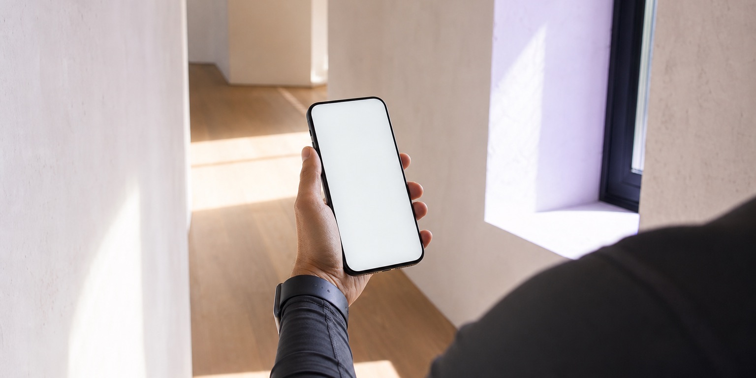 A person holds a blank glowing phone in a bright plaster-walled hallway.