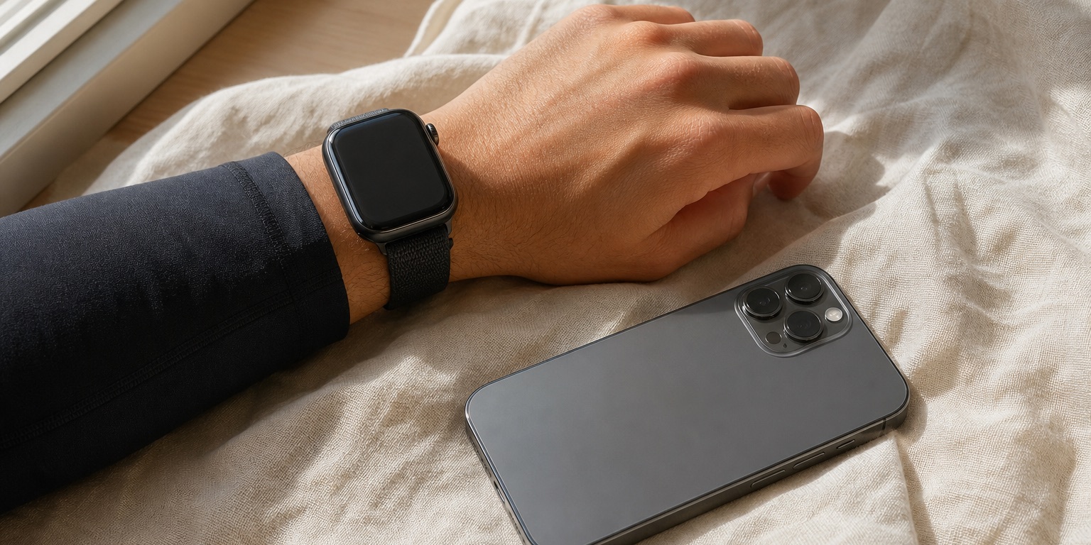 A smartwatch-wearing wrist rests beside a face-down phone on linen in warm daylight.
