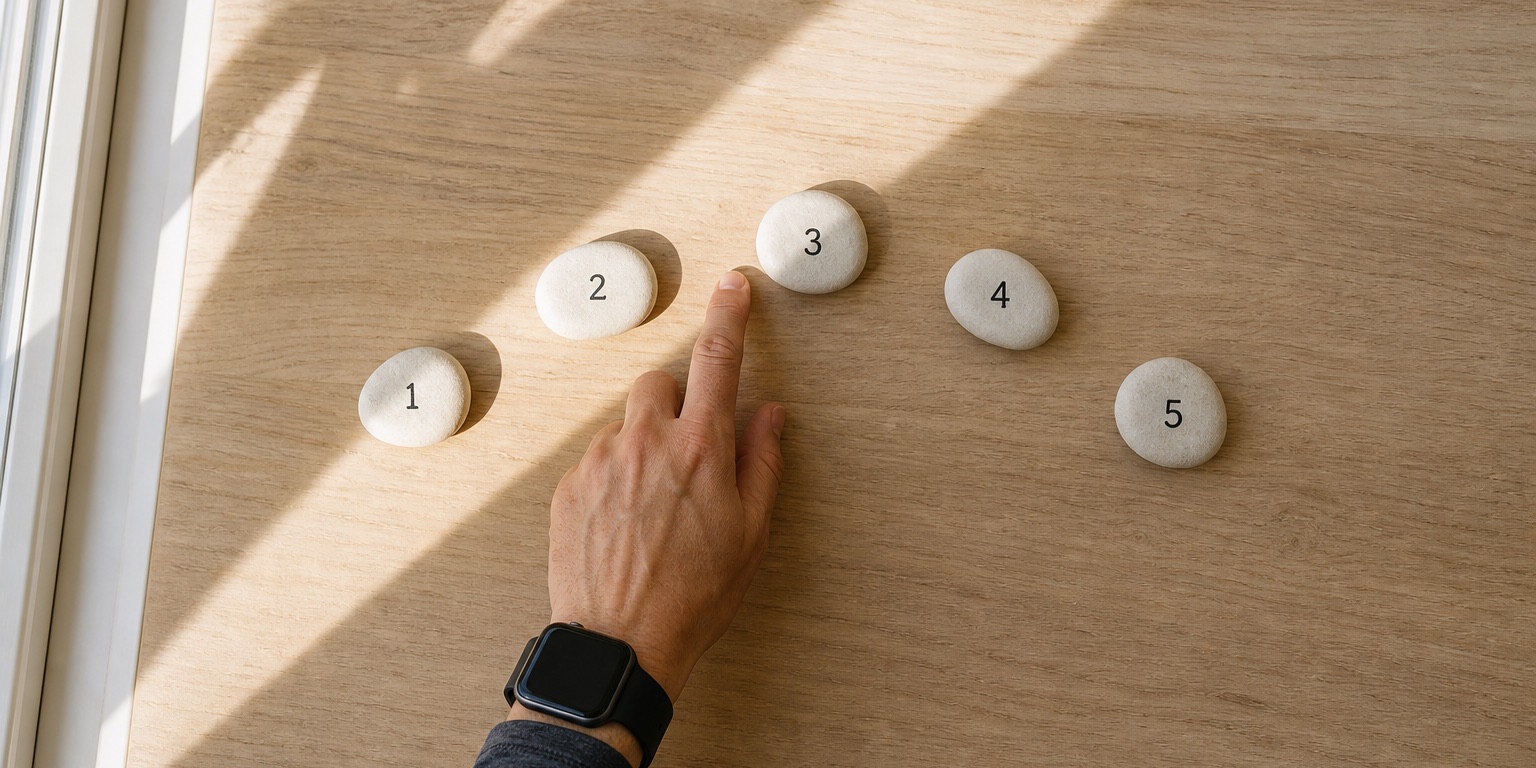 A hand traces an arc between numbered stones arranged on pale oak.