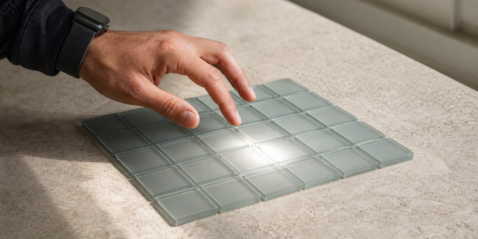Fingertips hover above a grid of frosted glass tiles as one catches the light.