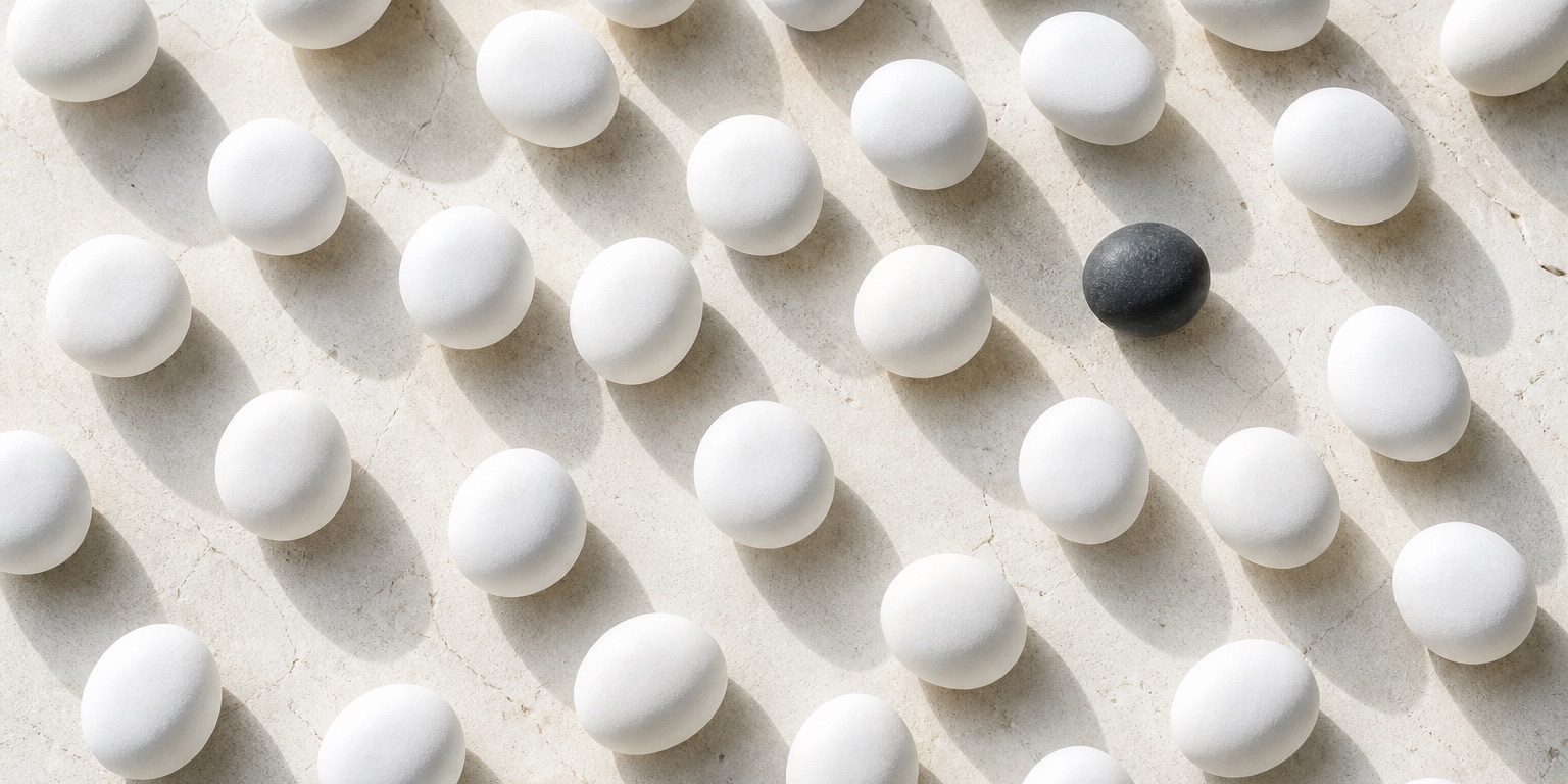 A single dark pebble sits among smooth white pebbles on pale stone.