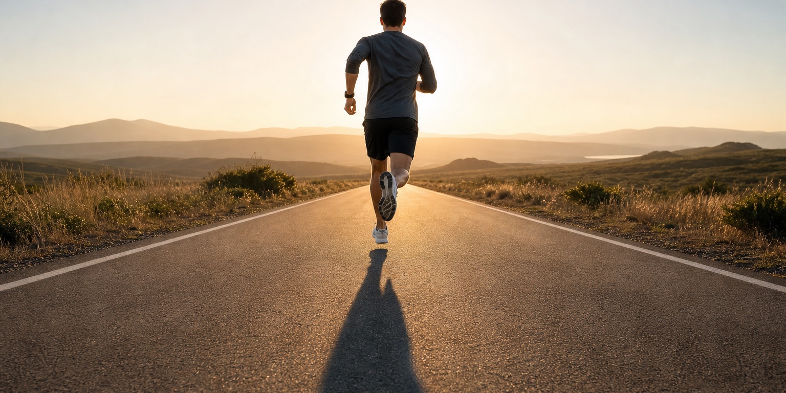 A runner seen from behind strides along an empty road at sunrise, casting a long shadow.