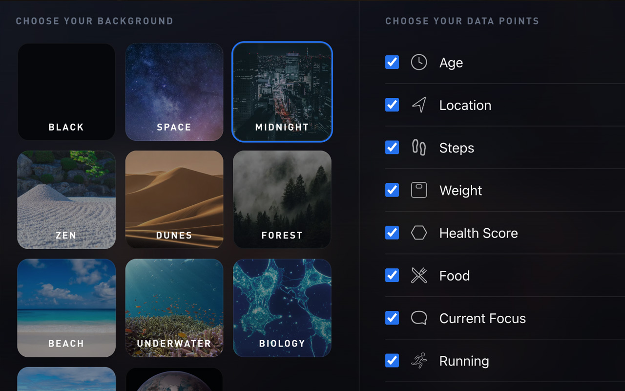 Gyroscope New Tab settings for choosing backgrounds and data points