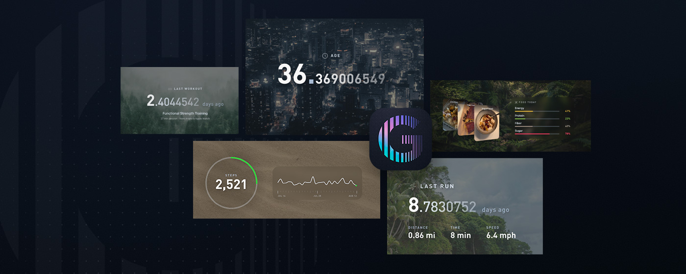 Gyroscope New Tab views for age, workouts, food, steps, and running