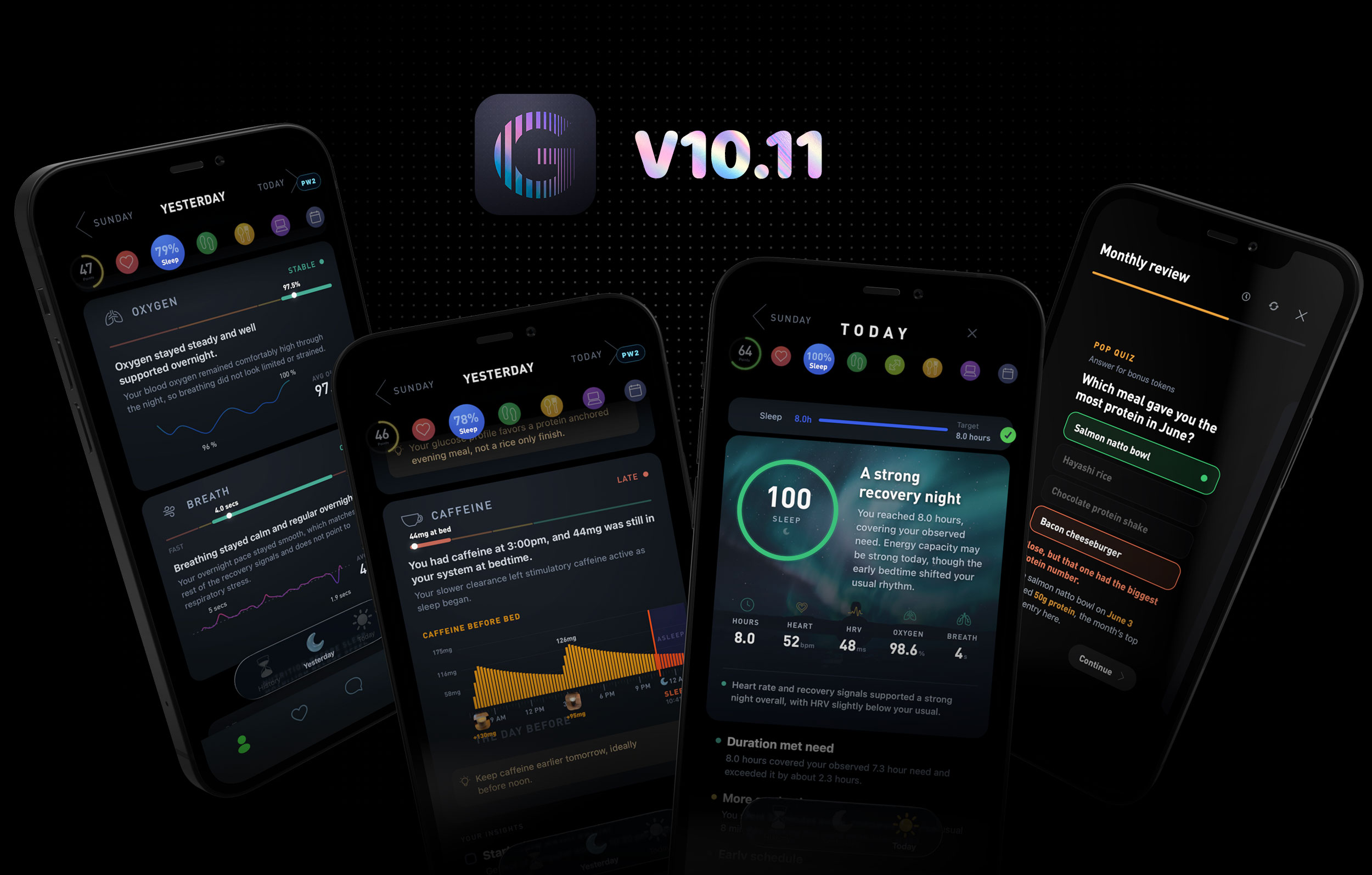 Gyroscope V10.11 daily report screens with sleep, caffeine, and recovery signals