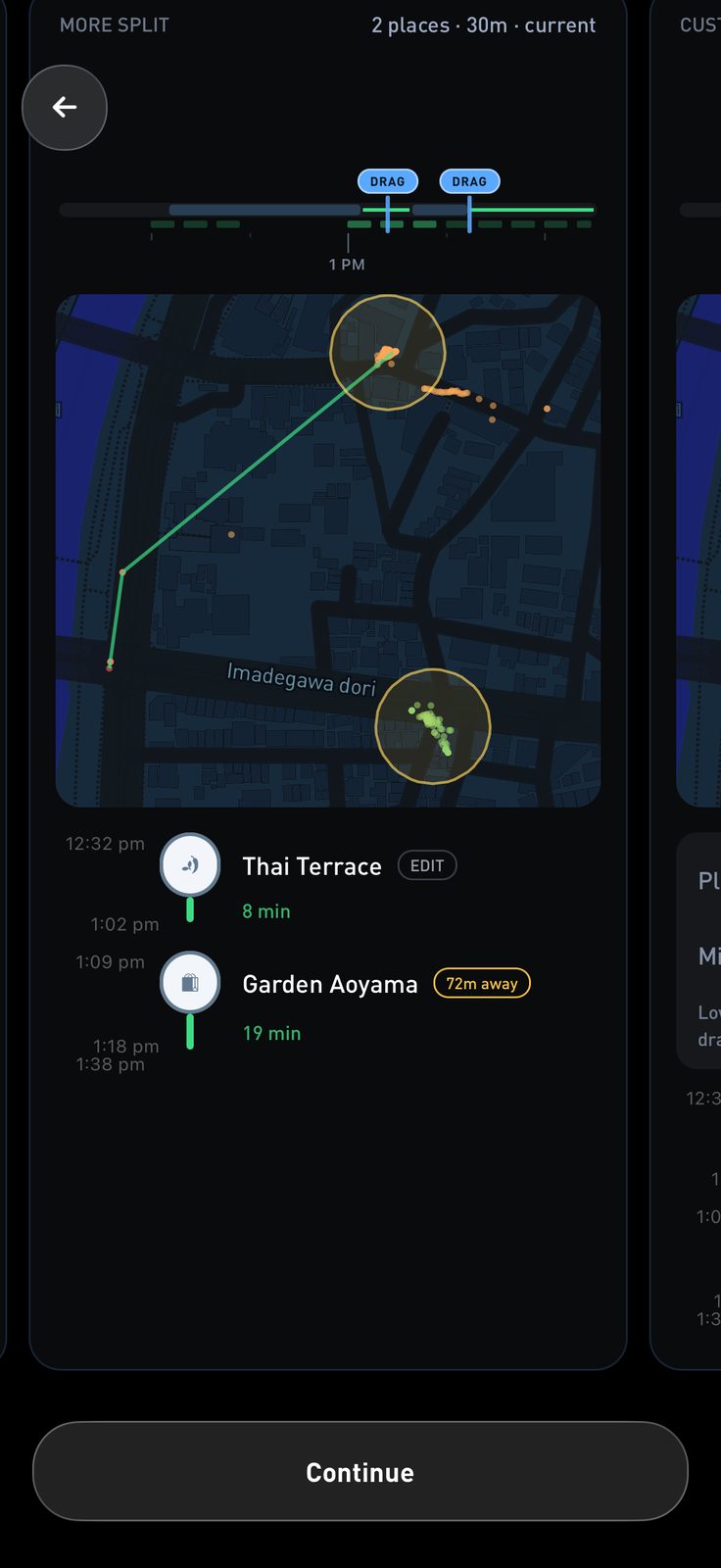 Splitting one visit into two places with draggable handles on the timeline and the GPS trail on the map