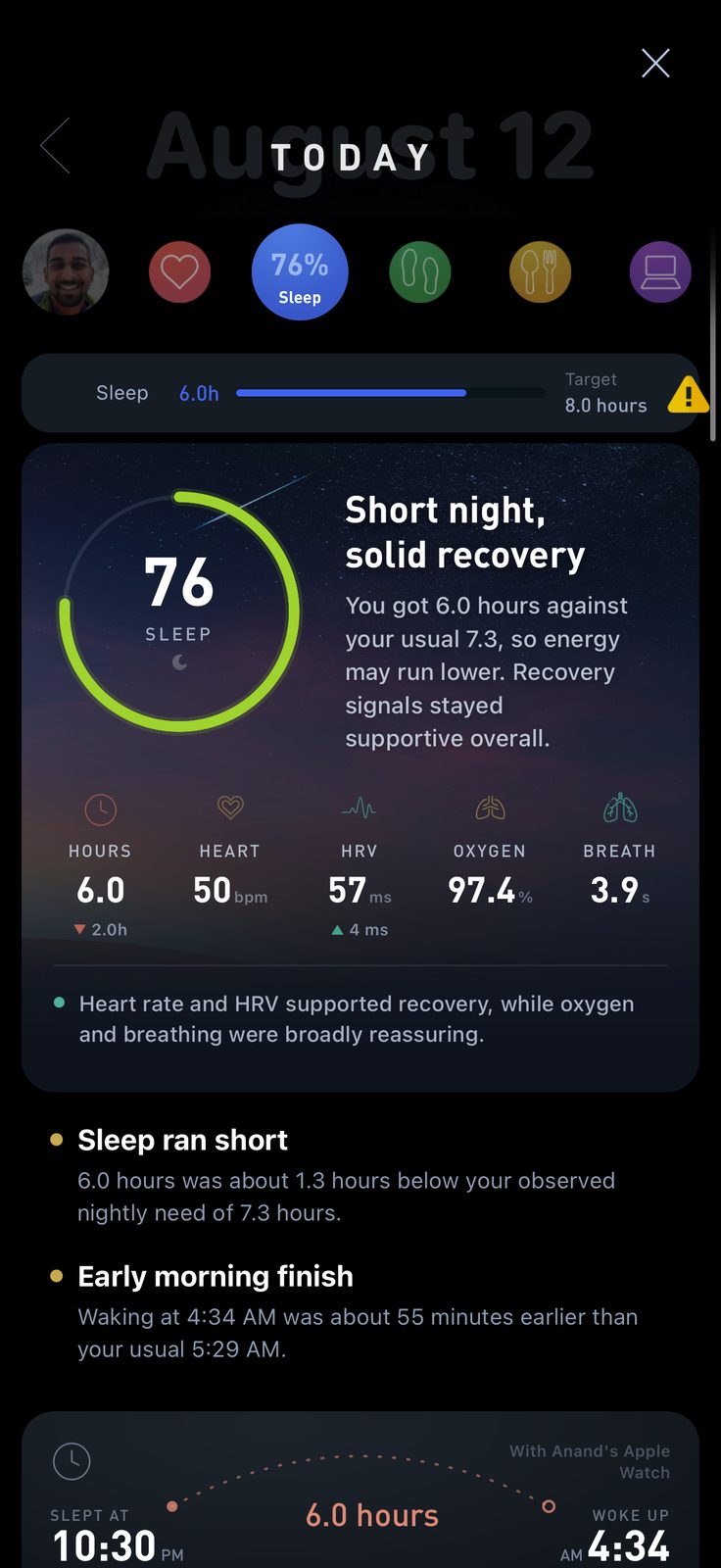A short night: Sleep Score 76 with heart rate, HRV, oxygen, breathing and temperature, and what to do about it