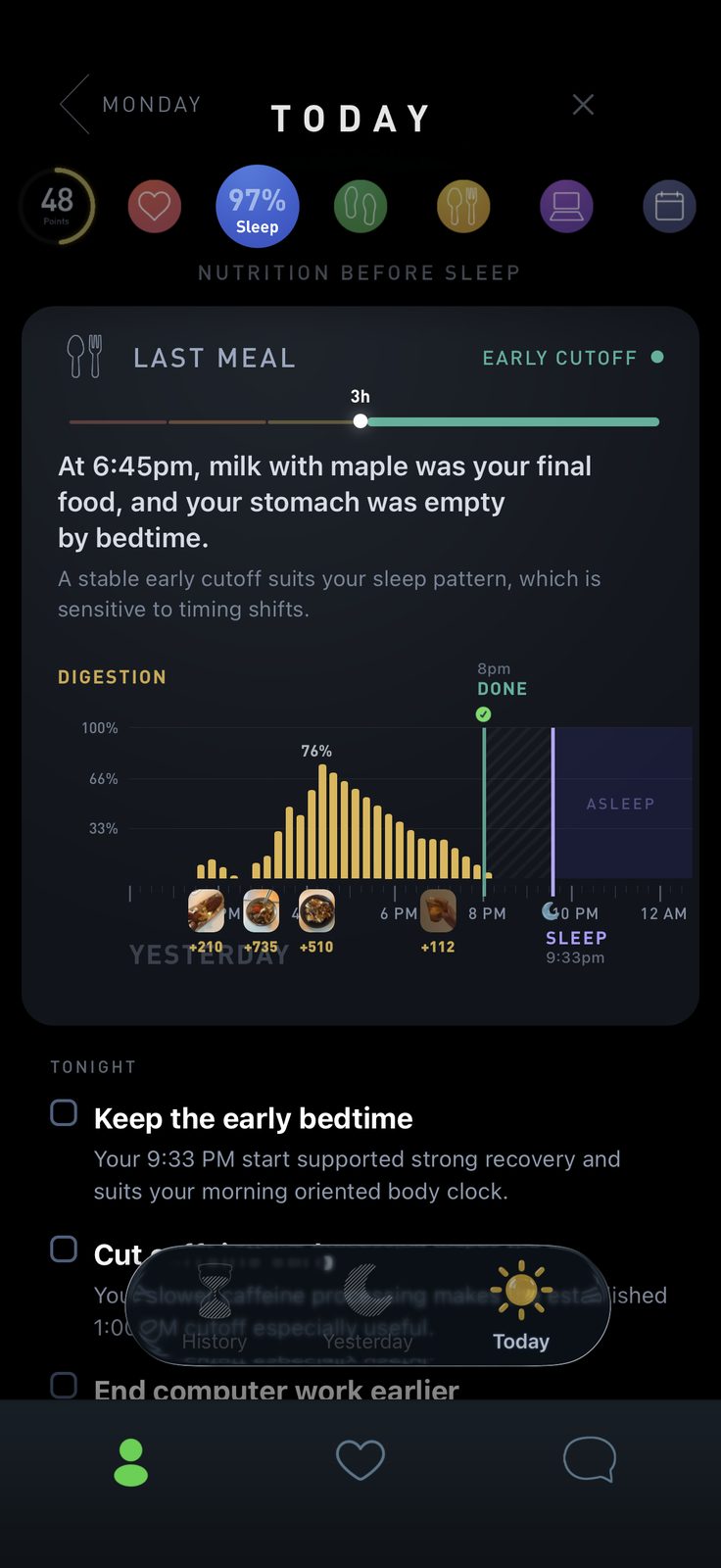 Nutrition Before Sleep: last meal at 6:45pm, digestion done by 8pm, asleep by 9:33pm