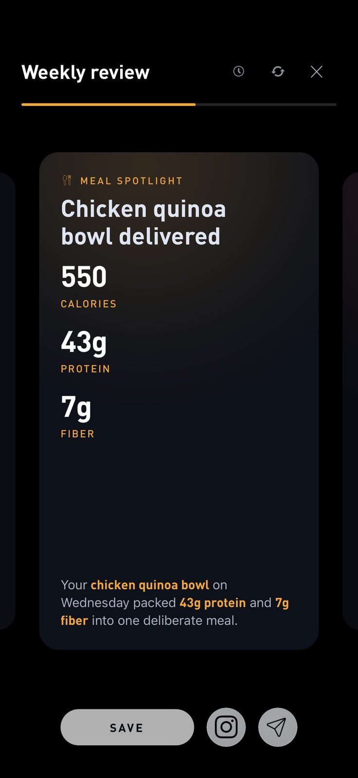 Gyroscope weekly review meal spotlight showing a 550 calorie bowl with 43g protein and 7g fiber