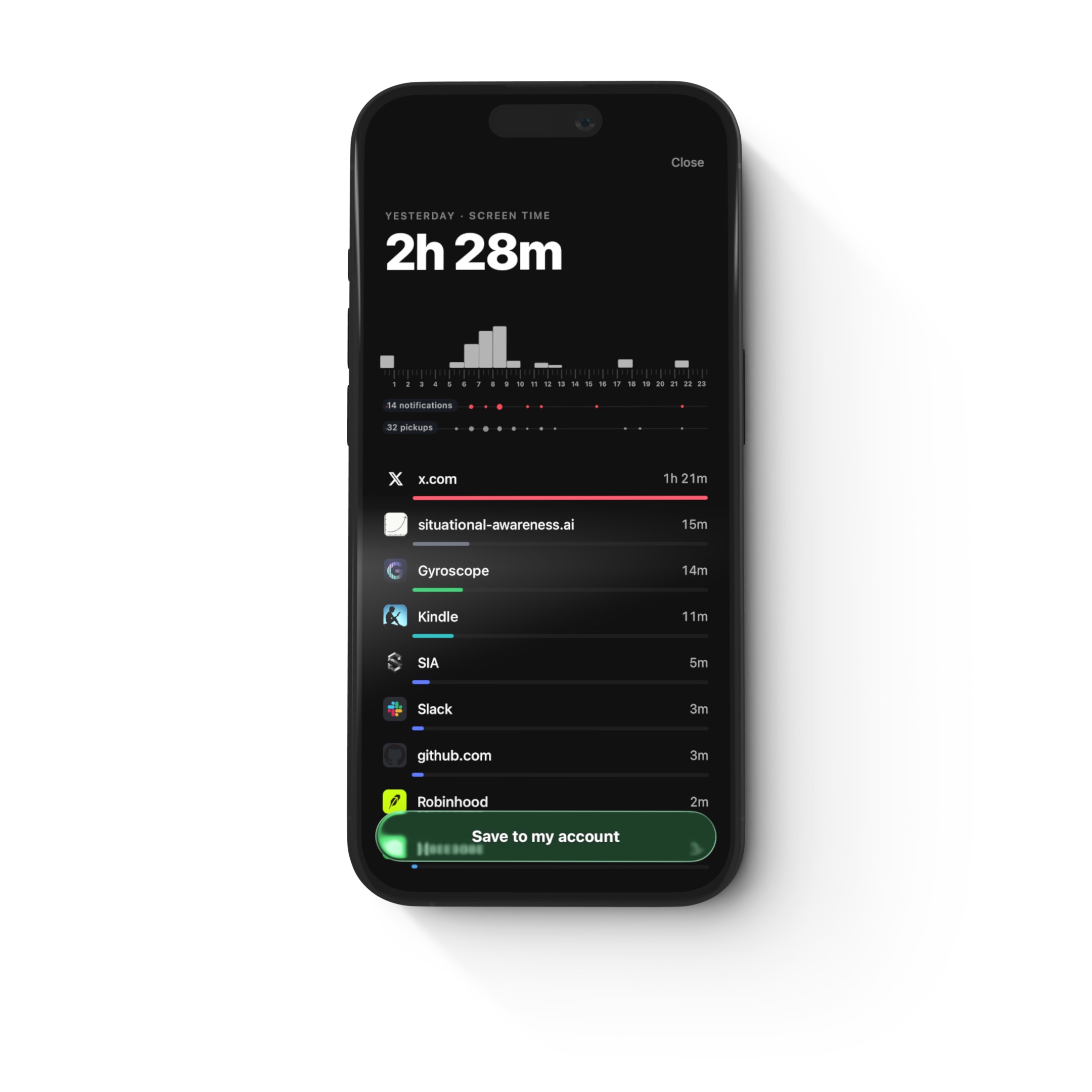 A private preview of yesterday's Screen Time before saving it to Gyroscope