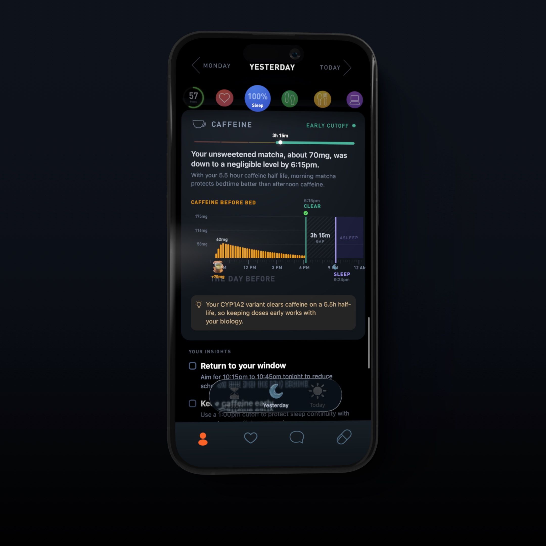 A Gyroscope Sleep card explaining caffeine timing in the context of the night