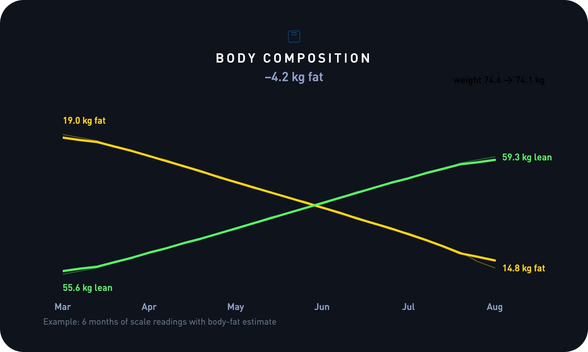 Six months of fat mass falling and lean mass rising while total weight stays flat