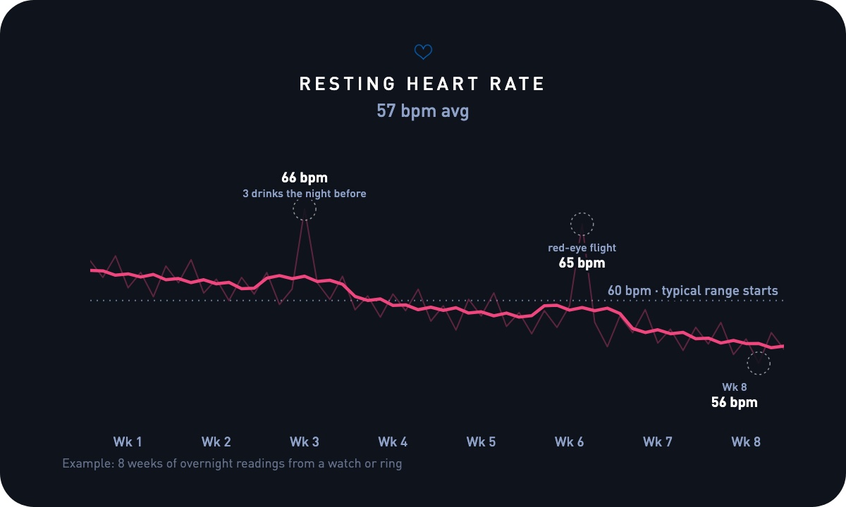 Eight weeks of nightly resting heart rate, drifting from 62 to 57 with two annotated spikes