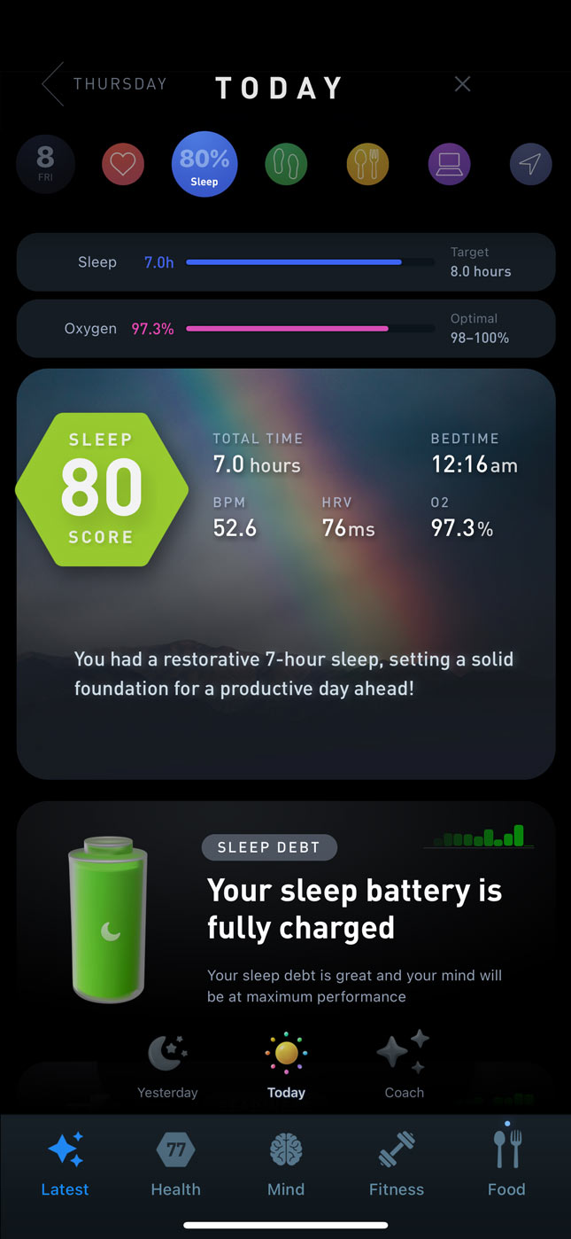 The Sleep Score screen in the Gyroscope app